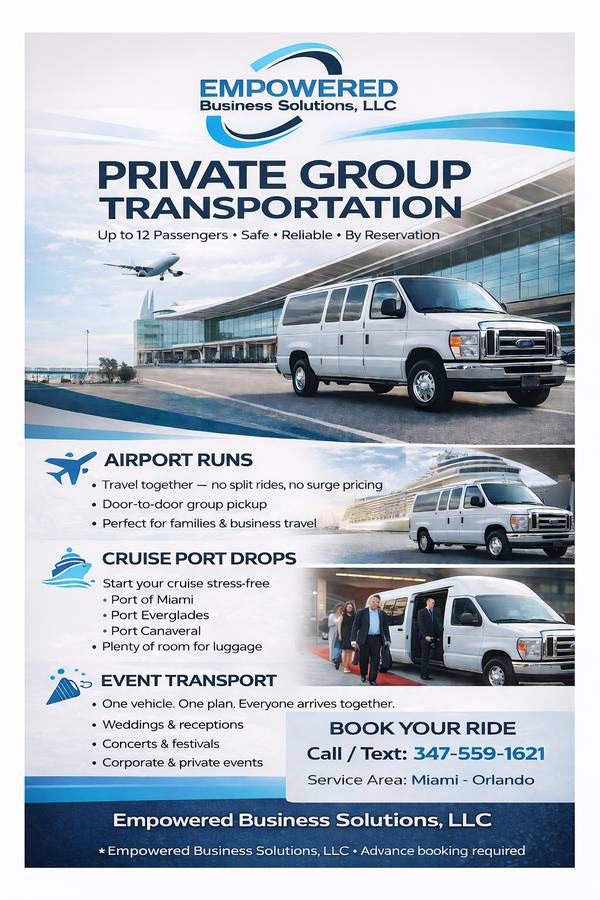 TRANSPORTE PRIVADO PARA AEROPUERTO/CRUCEROS/EVENTOS – 12 PASAJEROS + EQUIPAJE