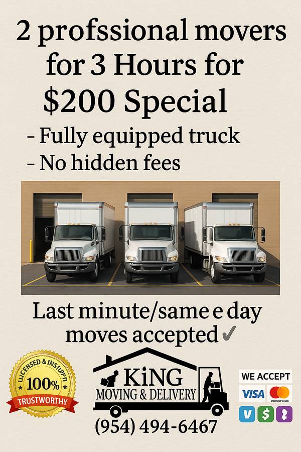 MUDADOR PROFESIONAL LOCAL EN BROWARD – LICENCIADO Y ASEGURADO – MUDANZAS DE ÚLTIMO MINUTO (TODO EL SUR DE FLORIDA)