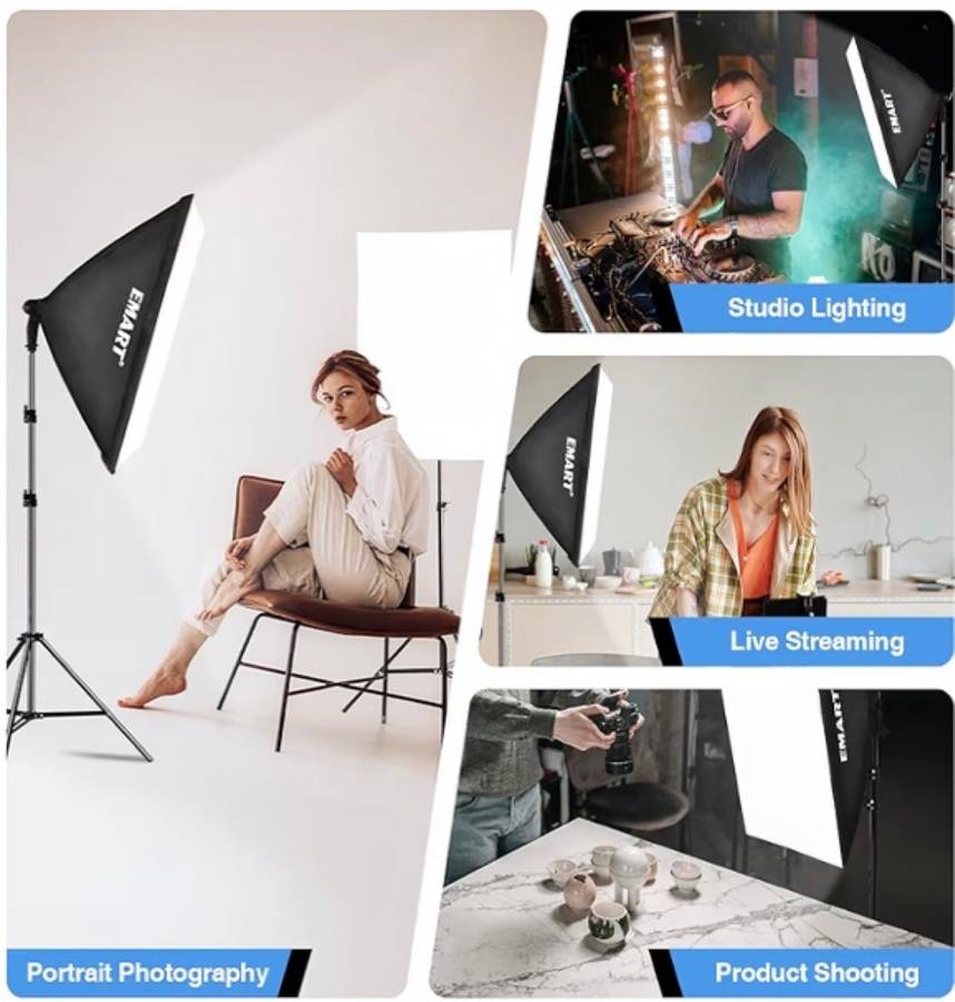 EQUIPO DE ILUMINACIÓN PARA FOTOGRAFÍA EMART COMO NUEVO 4 SOPORTES CON SOPORTES CENTRALES 2 LUCES - $55 (Pompano Beach)