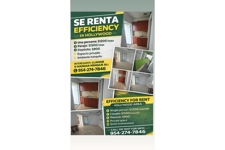 Se renta efficiency en la zona de Hollywood - Florida