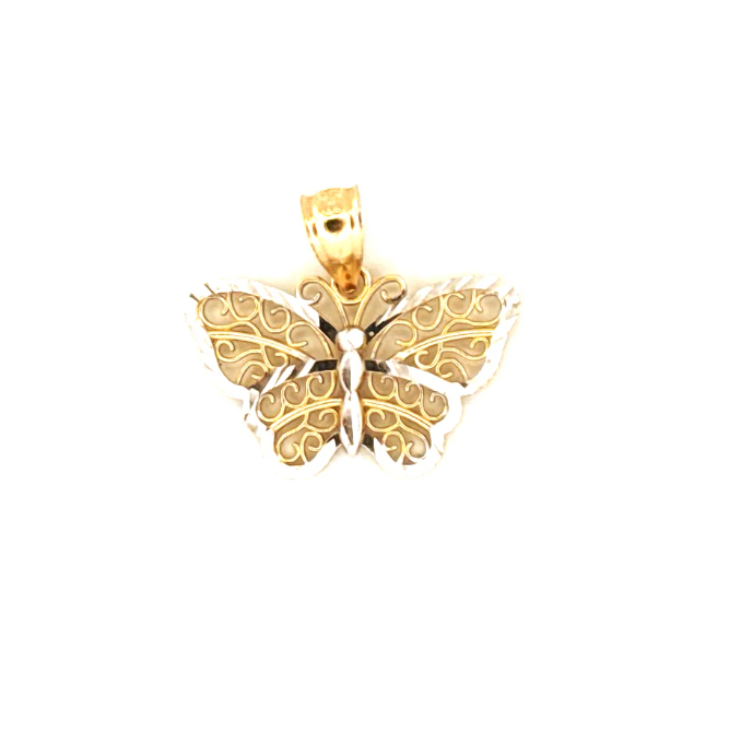 Colgante de mariposa en filigrana de dos tonos, de 14 quilates. Peso: 2 g