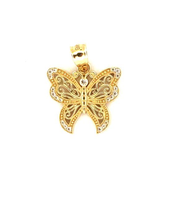 Colgante de mariposa en filigrana de oro amarillo de 14 quilates con circonitas, peso: 2,7 g